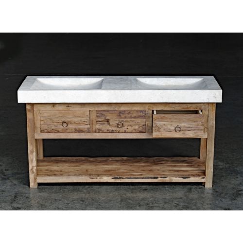 Massiver Waschtisch Unterschrank aus Teakholz mit Marmor Waschbecken