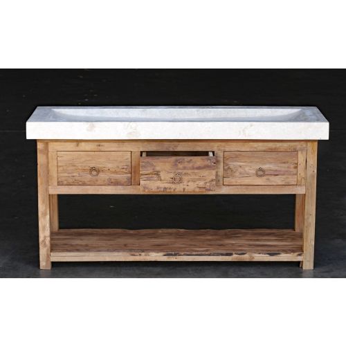 Teak Waschtisch mit geschliffenem XXL Marmor Waschbecken
