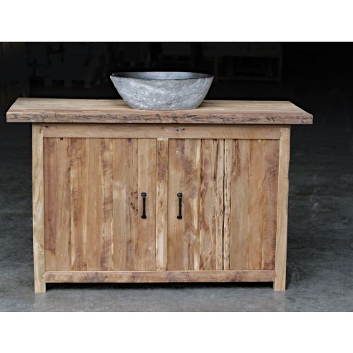 Unterschrank aus recyceltem Teakholz mit Aufsatzwaschbecken, ideal als Waschtisch im Badezimmer.