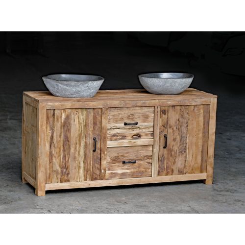 massives Badmöbel aus recykeltem Teak mit Naturstein Waschbecken 