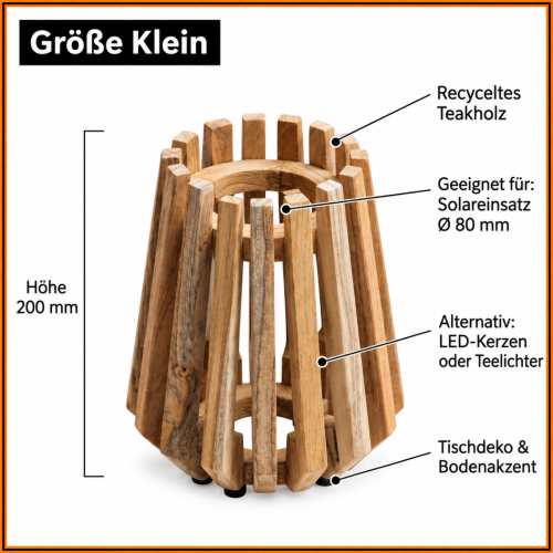 Teakholz Laterne 20 cm aus recyceltem Teak