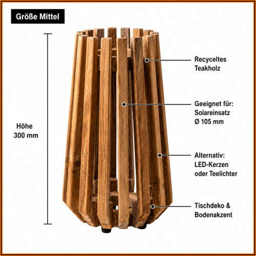 Teakholz Laterne 30 cm aus recyceltem Teak