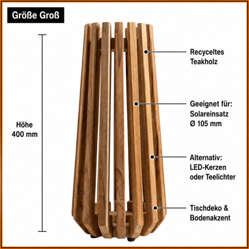 Großes Teak Lampengestell für Solarleuchte 105 mm