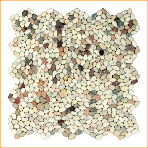 Buntes Kieselmosaik 30×30 cm aus kleinen Natursteinen – Flusskiesel-Mix in warmen Erdtönen für Wand, Boden und Bad.