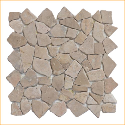 Marmormosaik 30×30 cm in warmem Beige/Mokka– unregelmäßige Naturstein-Bruchsteine auf Netz für Wand und Boden