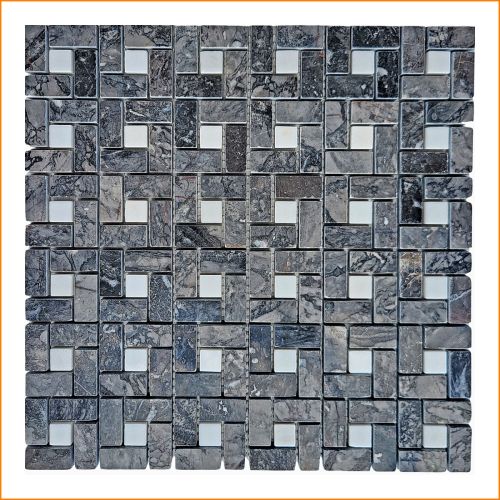 Glänzende Marmor Mosaikfliese in Hell-Dunkel-Optik, geometrisches Muster – polierte Oberfläche, Einzelmatte 30x30 cm