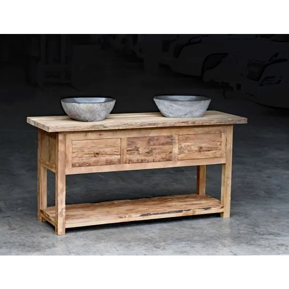 Rustikaler massiver Waschtisch aus recyceltem Teak Holz, ein  handgefertigter Unterschrank fr das Badezimmer