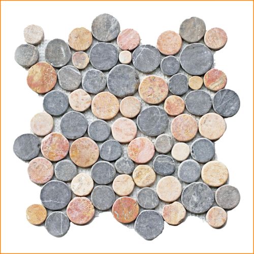 1 Mosaikfliese Naturstein Grau Rot Marmor Münzen rund CO-007