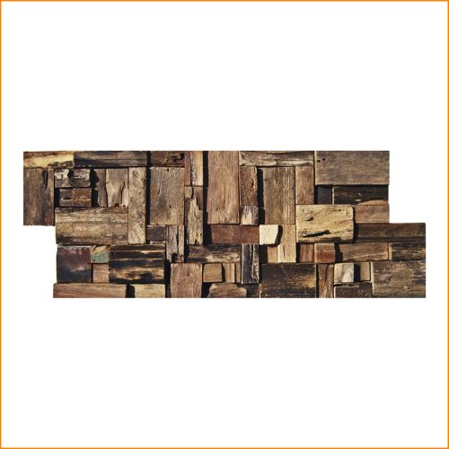 Rustikaler Wandverblender aus recyceltem Teakholz – handgefertigte Holzverkleidung mit markanter 3D-Struktur für Wohnräume.