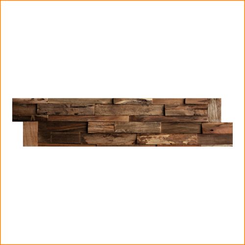 Rustikaler Wandverblender aus recyceltem Teakholz – naturbelassene Holzverkleidung mit warmen Farbtönen und markanter Maserung.