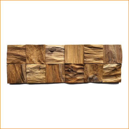 Wandverblender aus recyceltem Teakholz mit strukturierter Oberfläche – natürliche Holzverkleidung mit lebendiger Maserung und warmen Brauntönen.