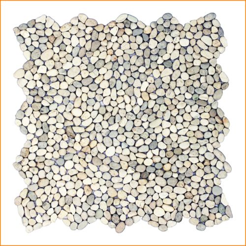 Feines Kieselmosaik 30×30 cm aus kleinen Naturstein-Kieseln in Hellgrau und Beige – ideal für Bad, Dusche und Wellnessbereich.