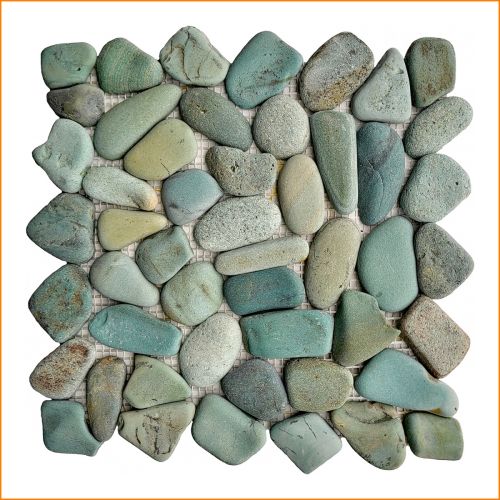 Kieselmosaik aus Naturstein in Grün- und Blautönen, 30×30 cm – getrommelte Flusskiesel auf Netz, ideal für Bad, Spa und Boden.