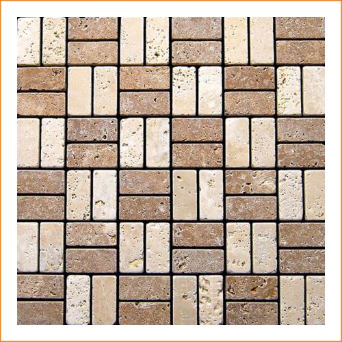 Travertin-Mosaik im Brick-Design – 30 × 30 cm Natursteinfliesen in Beige und Hellbraun mit rustikalem, mediterranem Charakter.