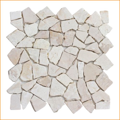 Beiges Marmormosaik 30×30 cm – helle Naturstein-Bruchstücke auf Netz, ideal für Wand und Boden im Bad und in der Dusche