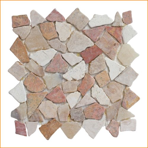 Marmormosaik 30×30 cm – Marmor-Onyx-Mischung in Beige/Terracotta, unregelmäßige Bruchoptik auf Netz für Wand und Boden.