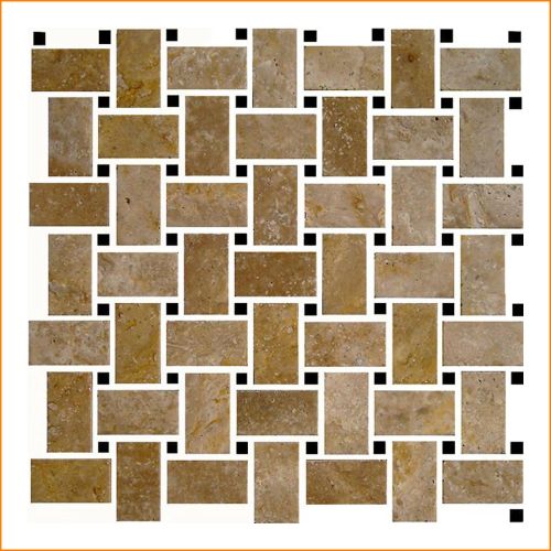 Travertin-Mosaik 30 × 30 cm im Korbgeflecht-Muster – beige-braune Natursteinfliesen mit schwarzen Akzenten für elegantes Raumdesign.