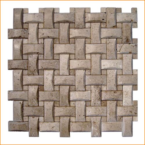 3D-Travertin-Mosaik im Korbgeflecht-Design – beige Natursteinfliesen mit plastischer Struktur für exklusive Wandgestaltung.