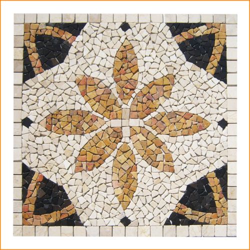 Marmor Mosaikbild 90 x 90 cm mit stilisiertem Blütenmotiv – handgefertigtes Natursteinmosaik in Beige, Braun und Schwarz für Wand oder Boden.
