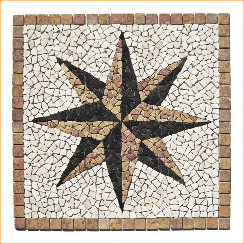 Marmor Mosaikbild 90 x 90 cm mit klassischer Windrose – handgefertigtes Natursteinmosaik in Beige, Braun und Schwarz für stilvolle Wand- und Bodengestaltung.