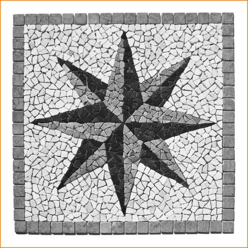 Elegantes Marmor Mosaikbild 90 x 90 cm in Grau-Hellgrau-Weiß – handgefertigte Windrose aus Naturstein für exklusive Wand- und Bodenflächen.