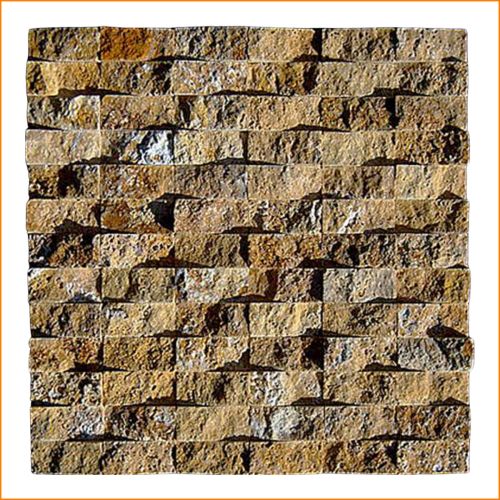 3D-Naturstein-Mosaik in Braun und Gold – rustikale Wandverkleidung aus echtem Stein für Innen- und Außenbereiche.