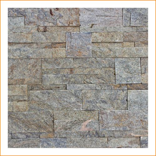 Quarzit Wandverblender in warmen Grau- und Goldtönen – hochwertige Naturstein Wandverkleidung für Innen- und Außenbereiche.