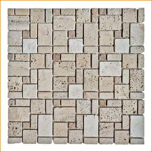 Travertin-Mosaik aus Naturstein in Beigetönen – klassischer römischer Verband für stilvolle Wand- und Bodenverkleidung.